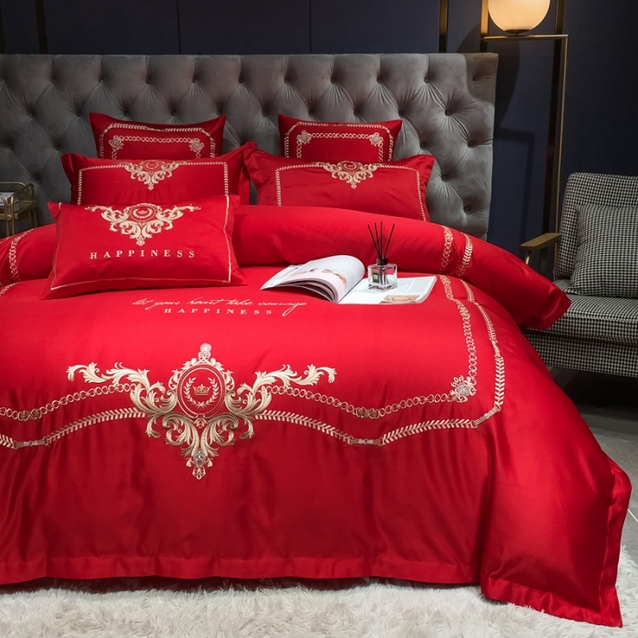 91家纺网 家纺一手货源 找家纺 安妮 2021新款全棉贡缎四件套曼洛系列 大红