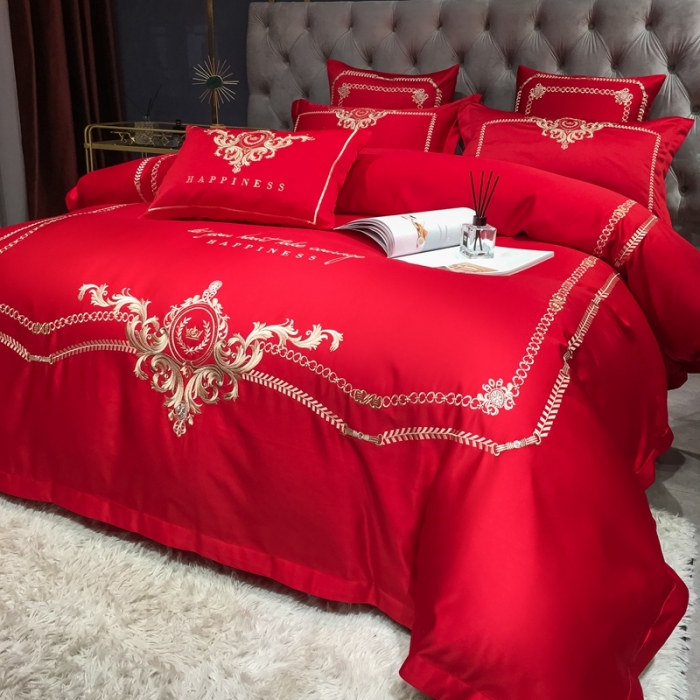 91家纺网 家纺一手货源 找家纺 安妮 2021新款全棉贡缎四件套曼洛系列 大红