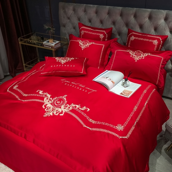 91家纺网 家纺一手货源 找家纺 安妮 2021新款全棉贡缎四件套曼洛系列 大红