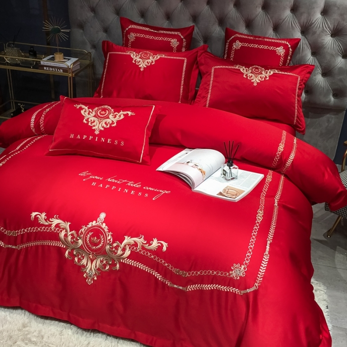 91家纺网 家纺一手货源 找家纺 安妮 2021新款全棉贡缎四件套曼洛系列 大红