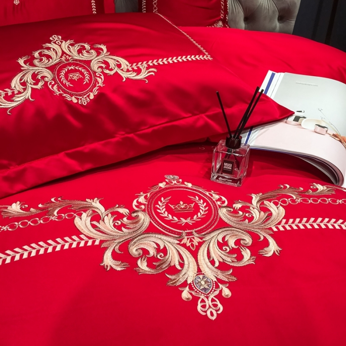 91家纺网 家纺一手货源 找家纺 安妮 2021新款全棉贡缎四件套曼洛系列 大红