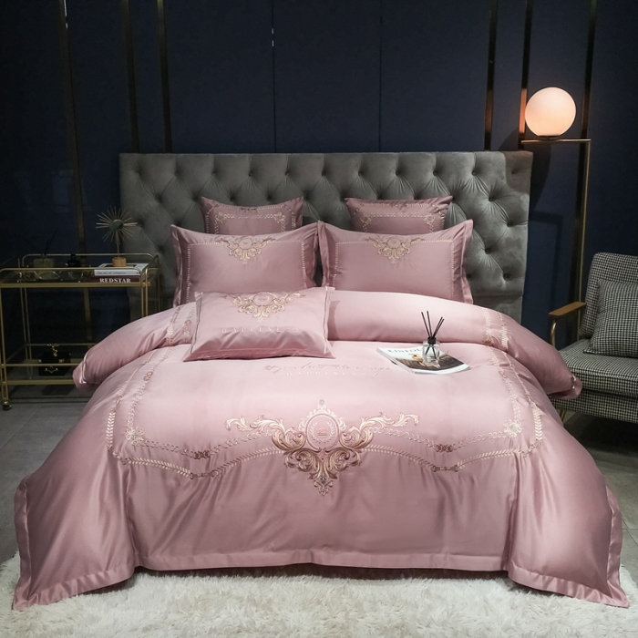 91家纺网 家纺一手货源 找家纺 安妮 2021新款全棉贡缎四件套曼洛系列 粉豆沙