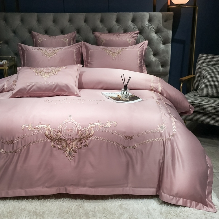 91家纺网 家纺一手货源 找家纺 安妮 2021新款全棉贡缎四件套曼洛系列 粉豆沙