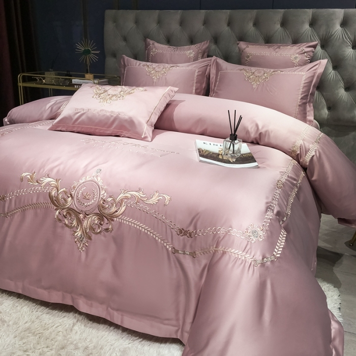 91家纺网 家纺一手货源 找家纺 安妮 2021新款全棉贡缎四件套曼洛系列 粉豆沙