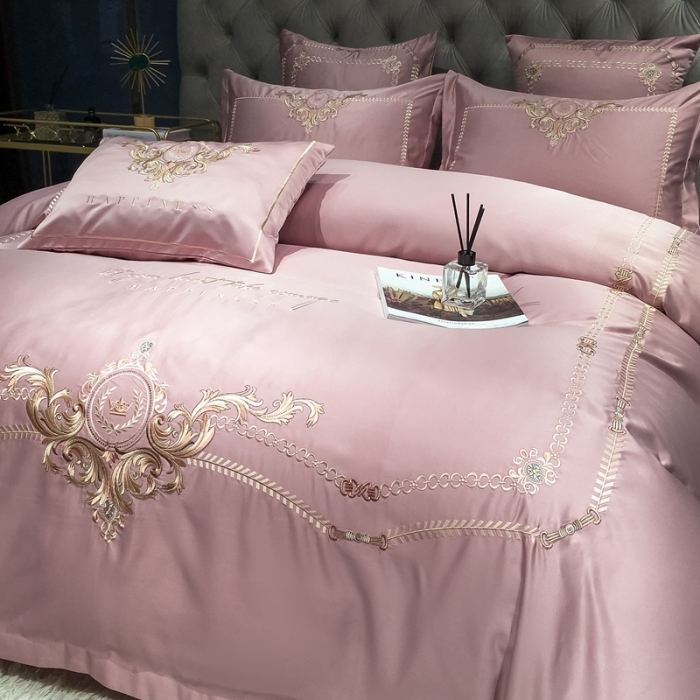 91家纺网 家纺一手货源 找家纺 安妮 2021新款全棉贡缎四件套曼洛系列 粉豆沙