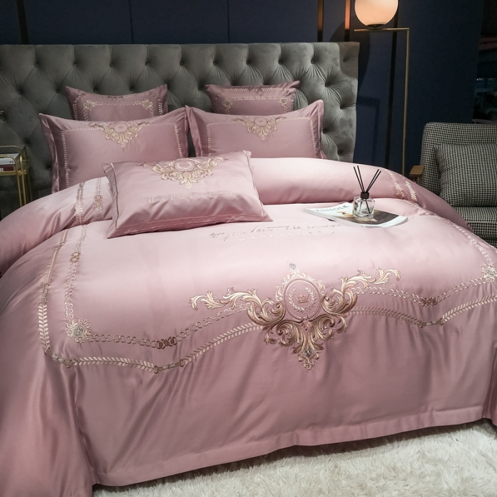 91家纺网 家纺一手货源 找家纺 安妮 2021新款全棉贡缎四件套曼洛系列 粉豆沙