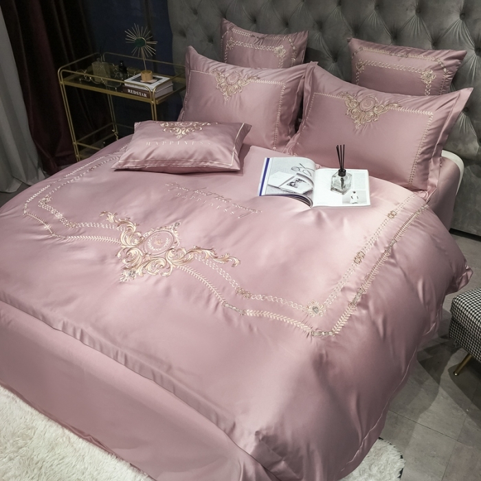 91家纺网 家纺一手货源 找家纺 安妮 2021新款全棉贡缎四件套曼洛系列 粉豆沙