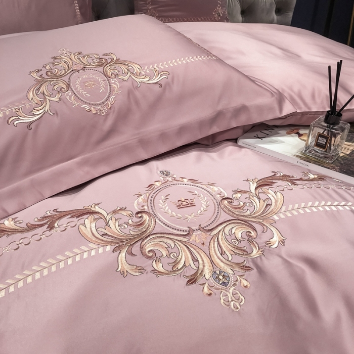 91家纺网 家纺一手货源 找家纺 安妮 2021新款全棉贡缎四件套曼洛系列 粉豆沙