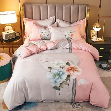 雲归梦 2021全棉大版四件套中国风花卉 爱如潮水（粉灰）