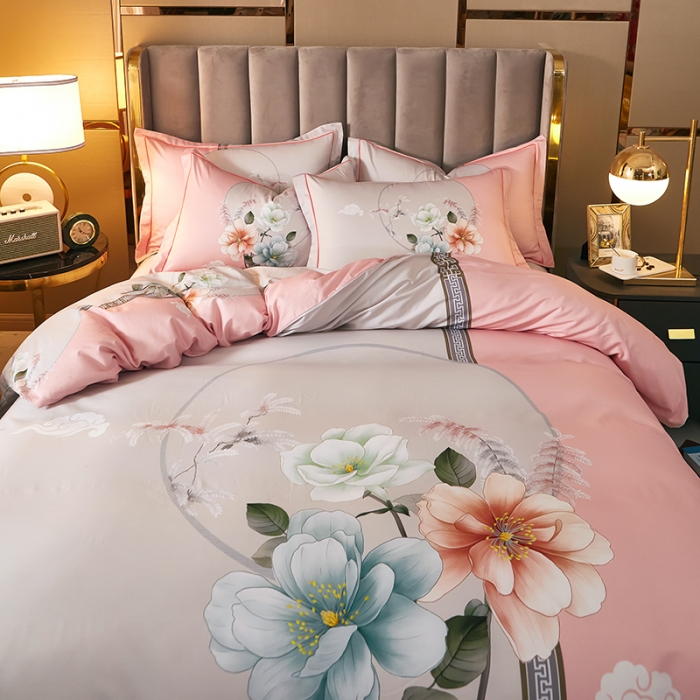 91家纺网 家纺一手货源 找家纺 雲归梦 2021全棉大版四件套中国风花卉 爱如潮水（粉灰）