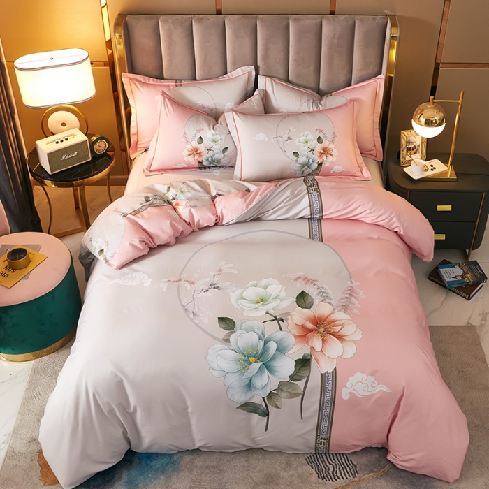 91家纺网 家纺一手货源 找家纺 雲归梦 2021全棉大版四件套中国风花卉 爱如潮水（粉灰）