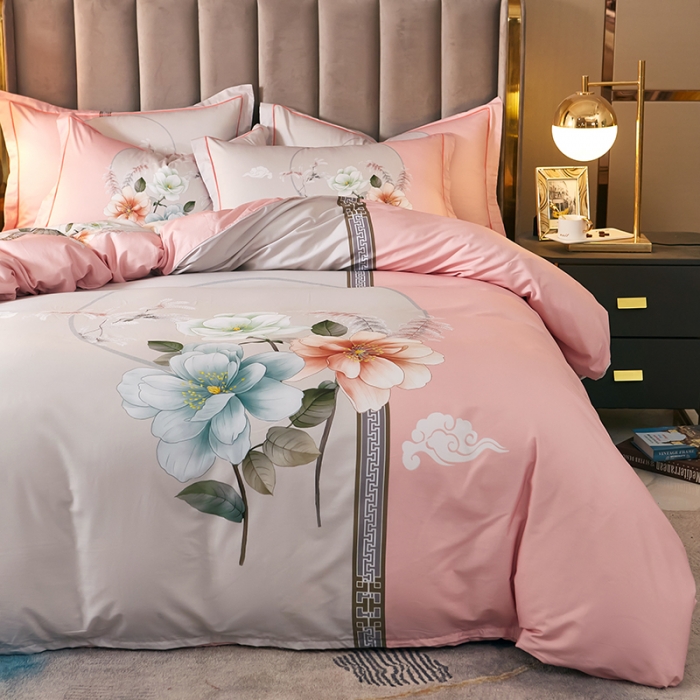 91家纺网 家纺一手货源 找家纺 雲归梦 2021全棉大版四件套中国风花卉 爱如潮水（粉灰）