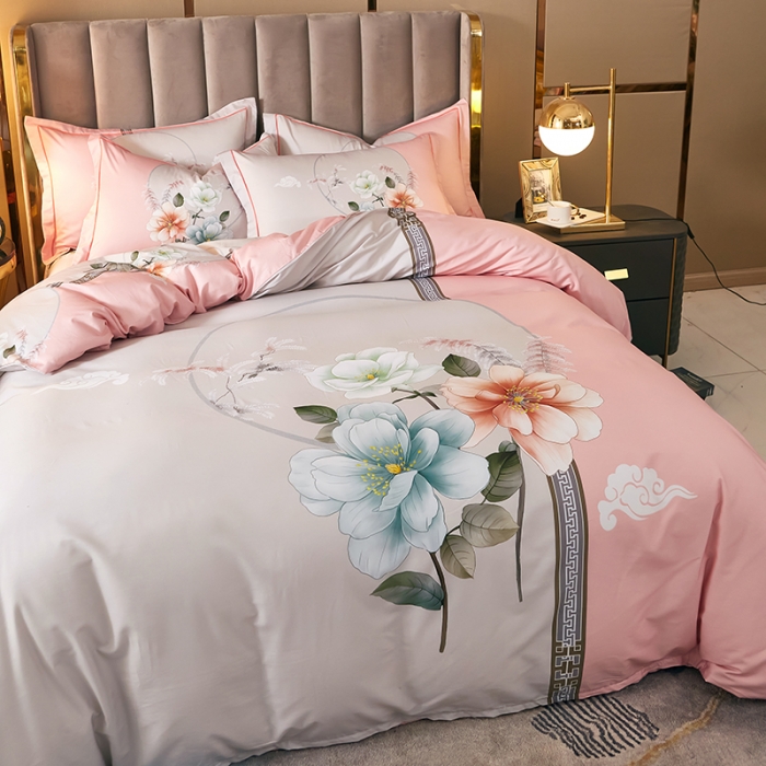 91家纺网 家纺一手货源 找家纺 雲归梦 2021全棉大版四件套中国风花卉 爱如潮水（粉灰）