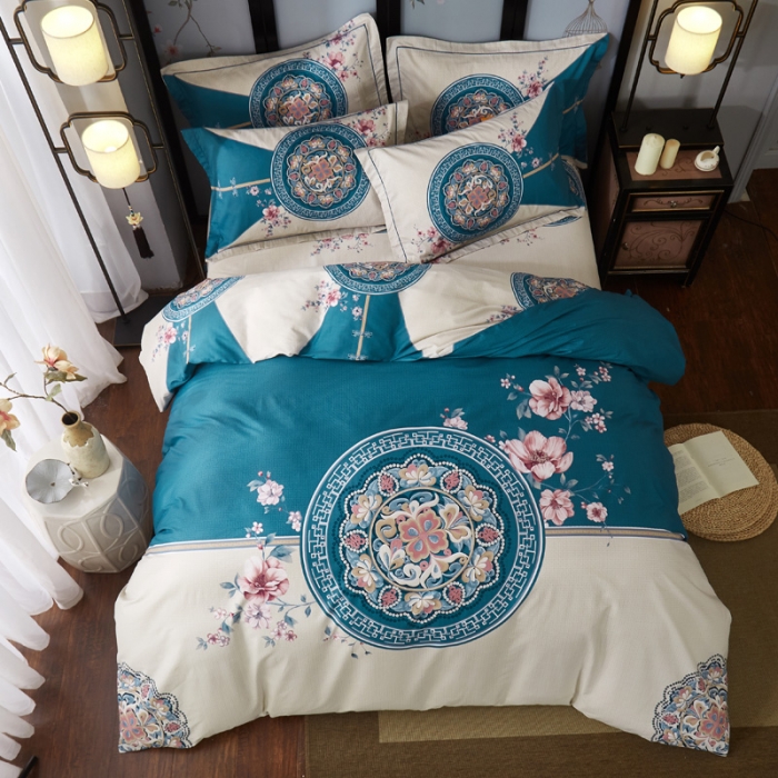 91家纺网 家纺一手货源 找家纺 雲归梦 2021全棉大版四件套中国风花卉 花满庭（深绿）