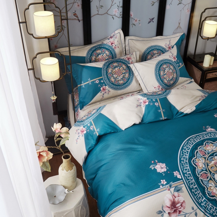 91家纺网 家纺一手货源 找家纺 雲归梦 2021全棉大版四件套中国风花卉 花满庭（深绿）