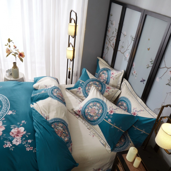 91家纺网 家纺一手货源 找家纺 雲归梦 2021全棉大版四件套中国风花卉 花满庭（深绿）