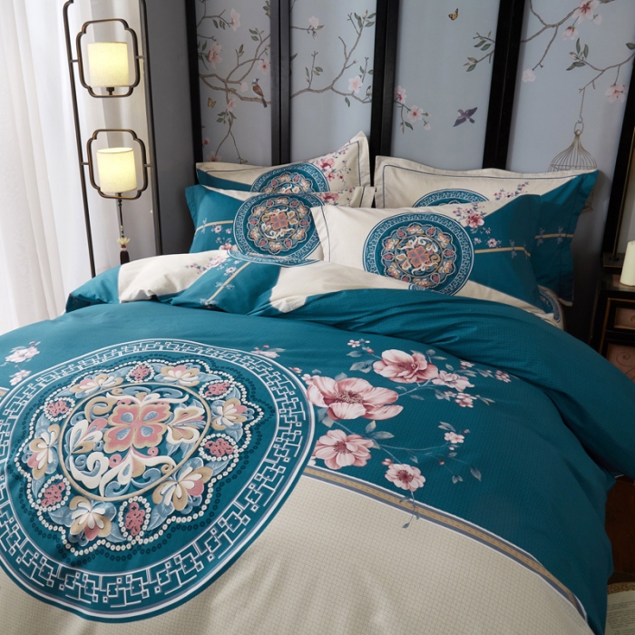 91家纺网 家纺一手货源 找家纺 雲归梦 2021全棉大版四件套中国风花卉 花满庭（深绿）