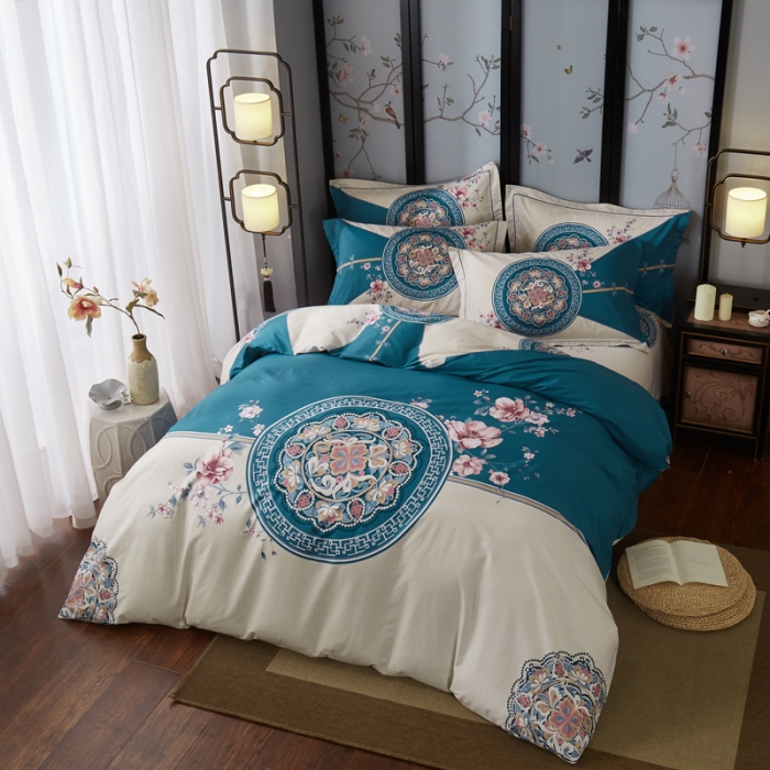 91家纺网 家纺一手货源 找家纺 雲归梦 2021全棉大版四件套中国风花卉 花满庭（深绿）