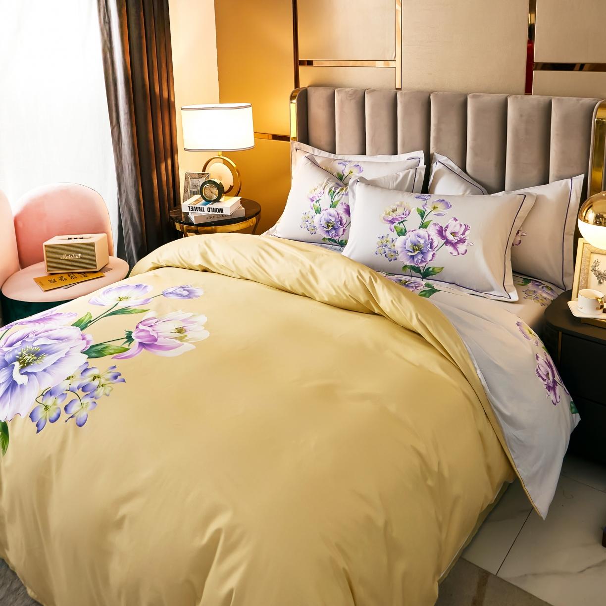 91家纺网 家纺一手货源 找家纺 雲归梦 2021全棉大版四件套中国风花卉花眠黄