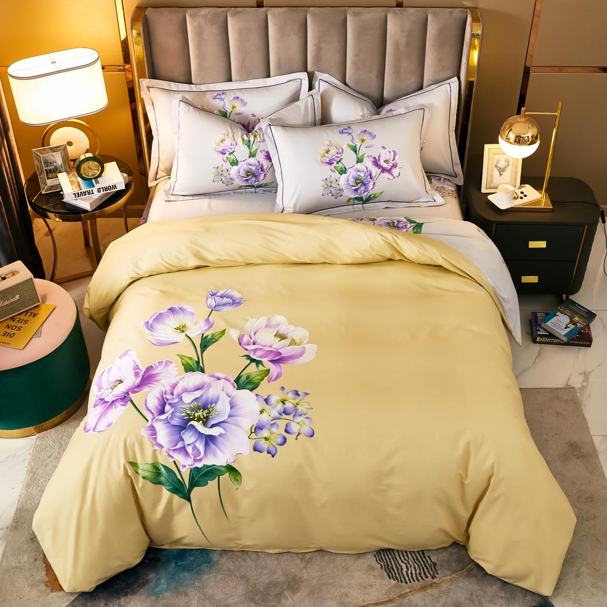 91家纺网 家纺一手货源 找家纺 雲归梦 2021全棉大版四件套中国风花卉花眠黄