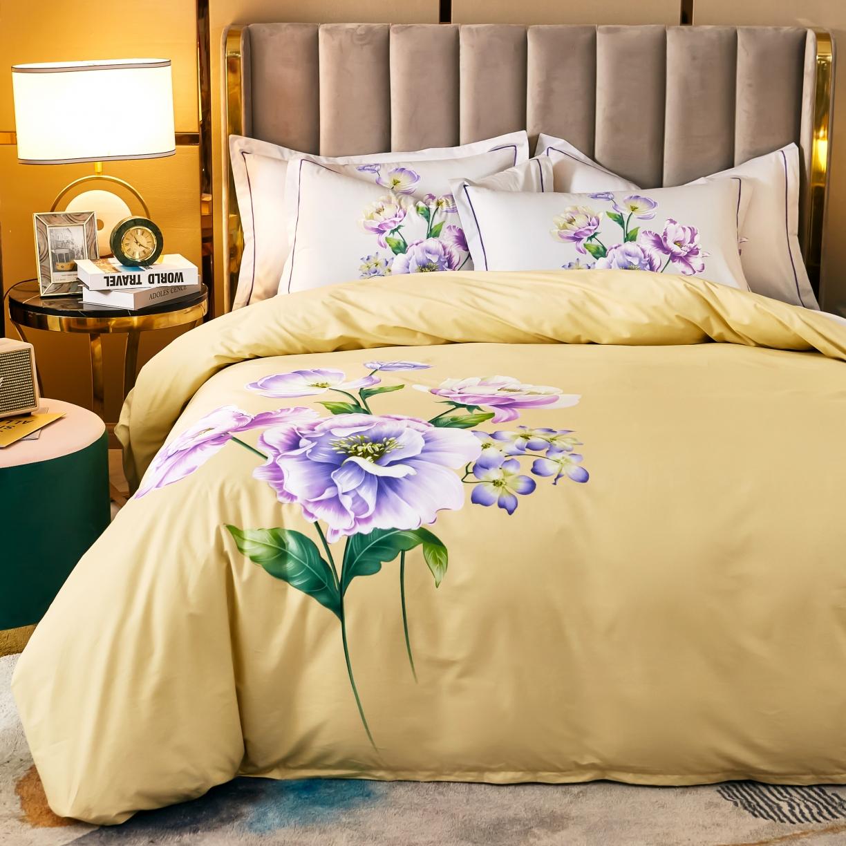 91家纺网 家纺一手货源 找家纺 雲归梦 2021全棉大版四件套中国风花卉花眠黄