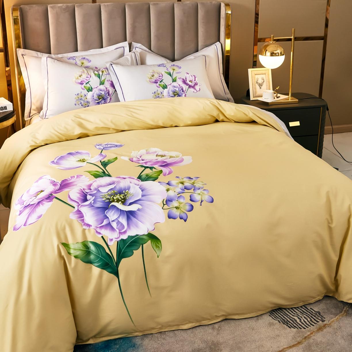 91家纺网 家纺一手货源 找家纺 雲归梦 2021全棉大版四件套中国风花卉花眠黄