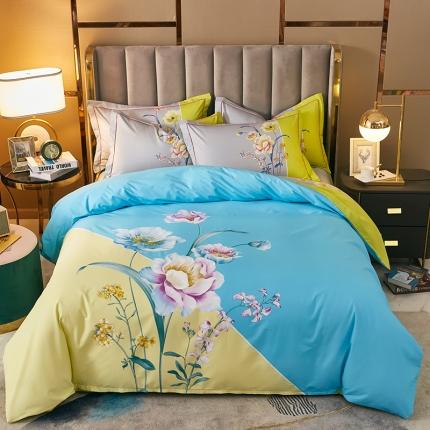 雲归梦 2021全棉大版四件套中国风花卉 花音蓝