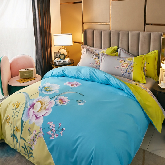 91家纺网 家纺一手货源 找家纺 雲归梦 2021全棉大版四件套中国风花卉 花音蓝