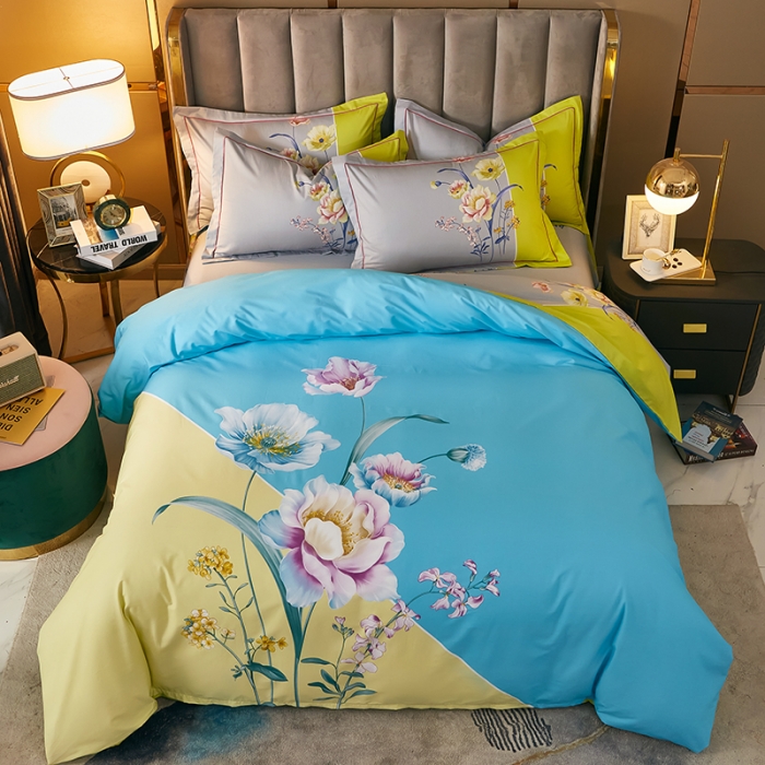 91家纺网 家纺一手货源 找家纺 雲归梦 2021全棉大版四件套中国风花卉 花音蓝