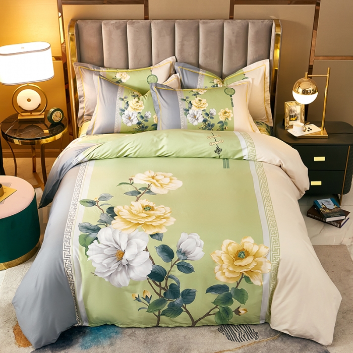 91家纺网 家纺一手货源 找家纺 雲归梦 2021全棉大版四件套中国风花卉 烟花易冷（绿）