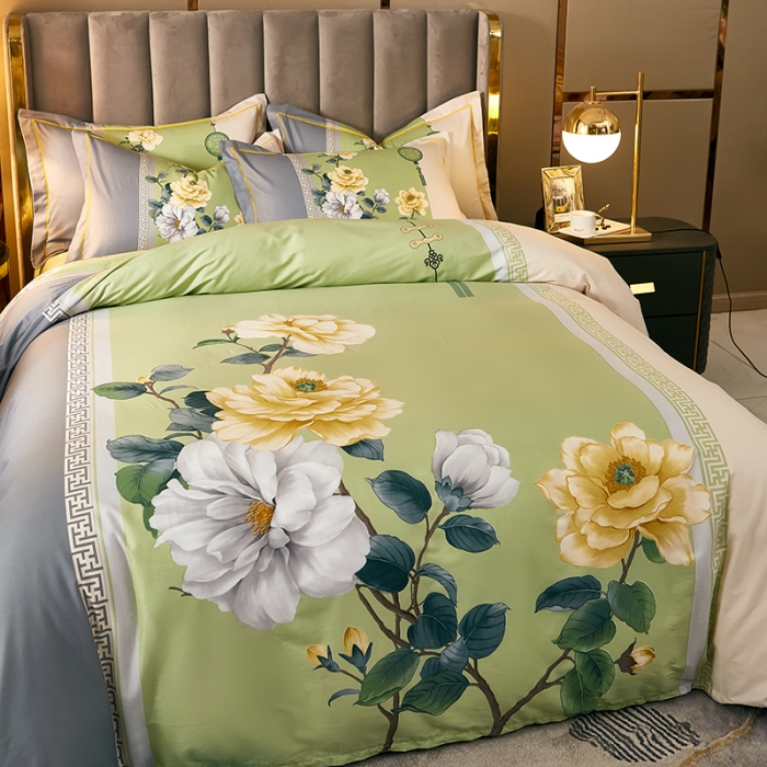 91家纺网 家纺一手货源 找家纺 雲归梦 2021全棉大版四件套中国风花卉 烟花易冷（绿）