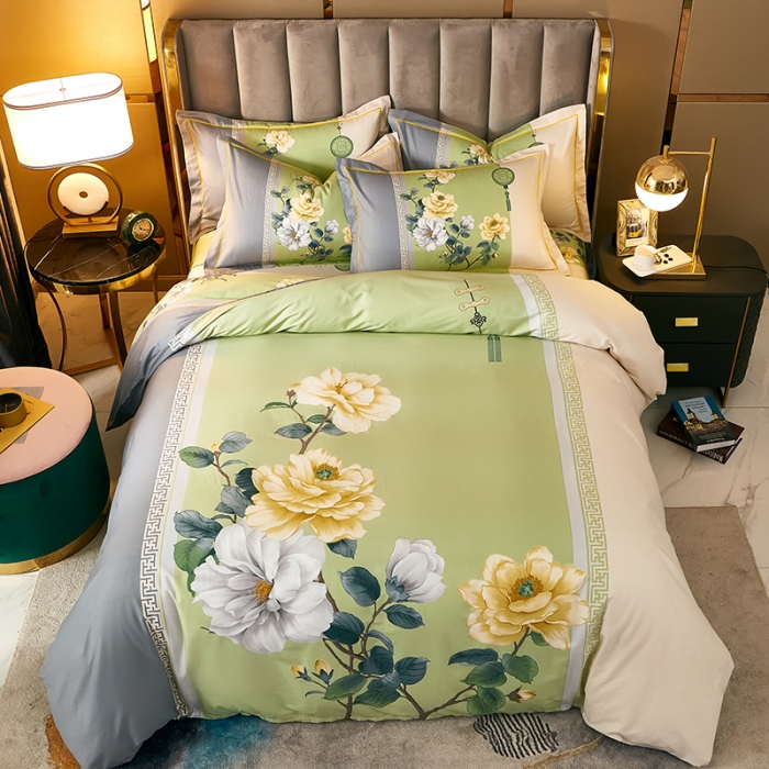 91家纺网 家纺一手货源 找家纺 雲归梦 2021全棉大版四件套中国风花卉 烟花易冷（绿）