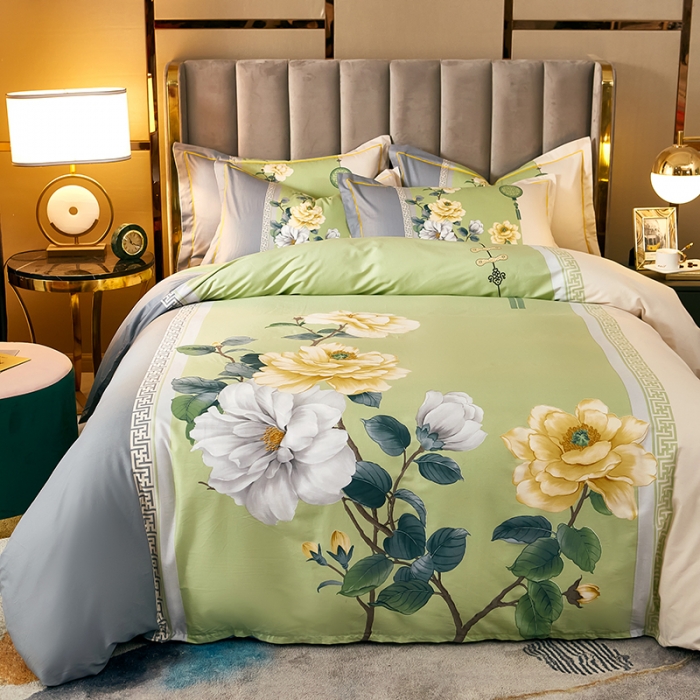 91家纺网 家纺一手货源 找家纺 雲归梦 2021全棉大版四件套中国风花卉 烟花易冷（绿）