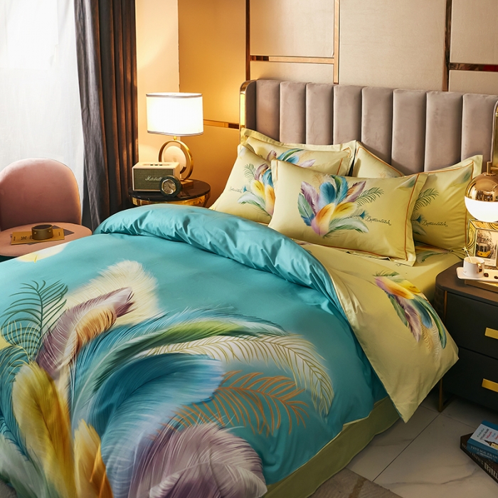 91家纺网 家纺一手货源 找家纺 雲归梦 2021全棉大版四件套中国风花卉 羽翼纷飞（绿）