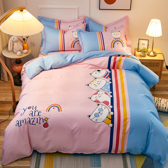 91家纺网 家纺一手货源 找家纺 雲归梦 2021全棉大版四件套可爱卡通系列 喵星人（粉）