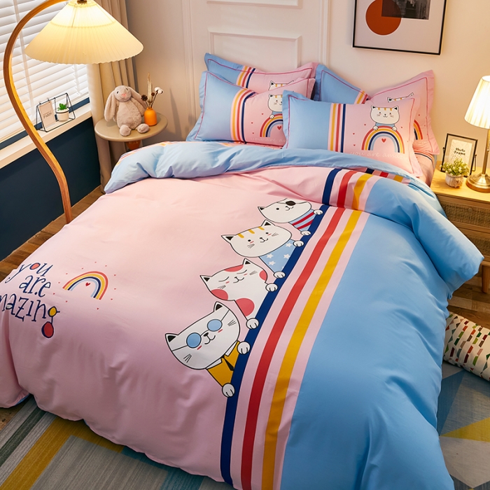 91家纺网 家纺一手货源 找家纺 雲归梦 2021全棉大版四件套可爱卡通系列 喵星人（粉）