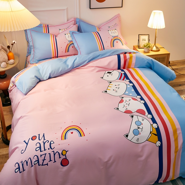 91家纺网 家纺一手货源 找家纺 雲归梦 2021全棉大版四件套可爱卡通系列 喵星人（粉）