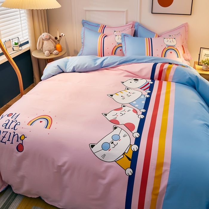 91家纺网 家纺一手货源 找家纺 雲归梦 2021全棉大版四件套可爱卡通系列 喵星人（粉）