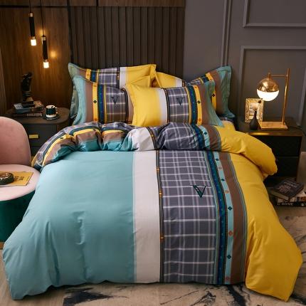 雲归梦 2021全棉大版四件套休闲格条系列 巴伦黄