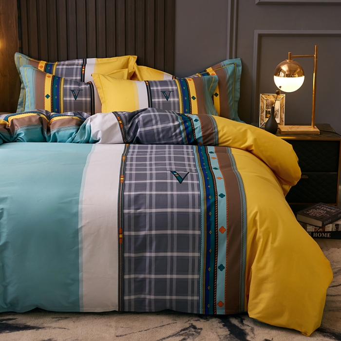 91家纺网 家纺一手货源 找家纺 雲归梦 2021全棉大版四件套休闲格条系列 巴伦黄