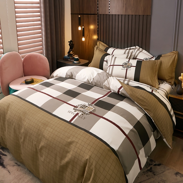 91家纺网 家纺一手货源 找家纺 雲归梦 2021全棉大版四件套休闲格条系列 宝格力（咖）