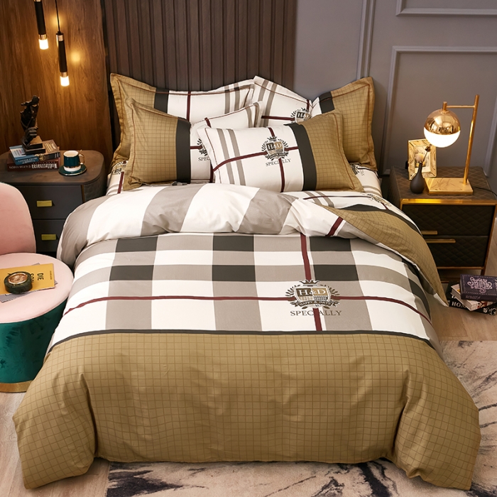 91家纺网 家纺一手货源 找家纺 雲归梦 2021全棉大版四件套休闲格条系列 宝格力（咖）