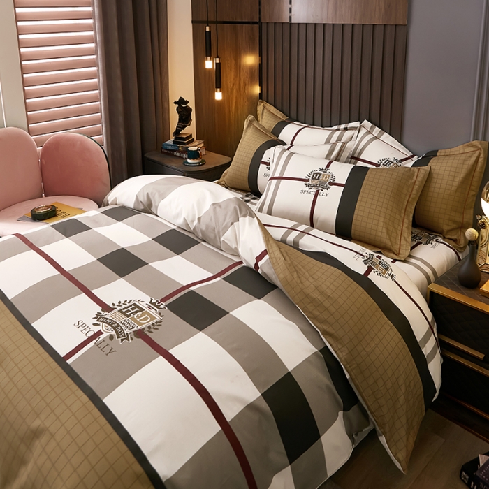 91家纺网 家纺一手货源 找家纺 雲归梦 2021全棉大版四件套休闲格条系列 宝格力（咖）