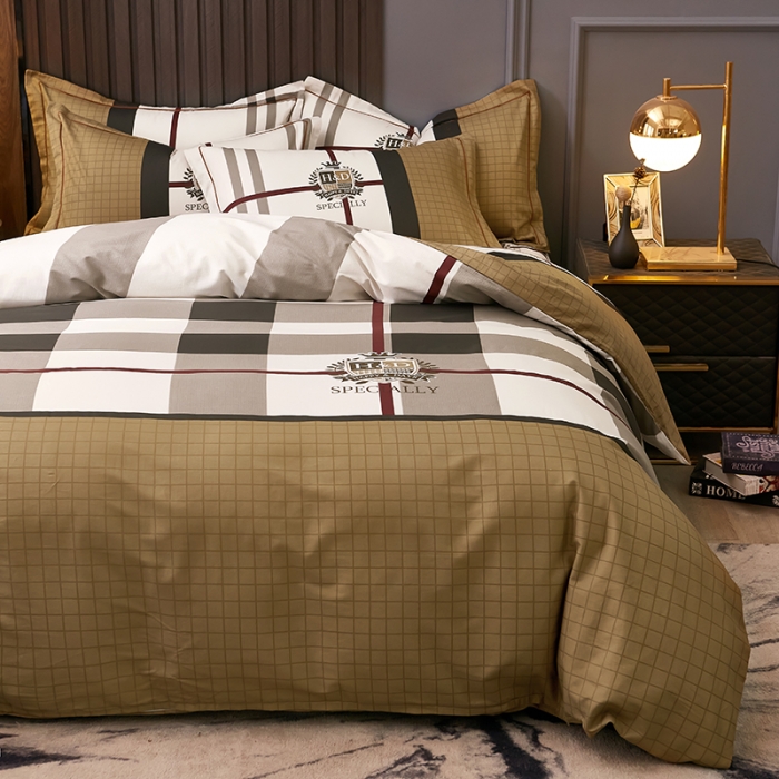 91家纺网 家纺一手货源 找家纺 雲归梦 2021全棉大版四件套休闲格条系列 宝格力（咖）