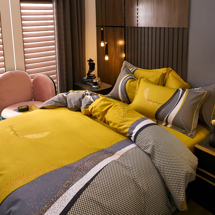 91家纺网 家纺一手货源 找家纺 雲归梦 2021全棉大版四件套休闲格条系列 北欧情怀