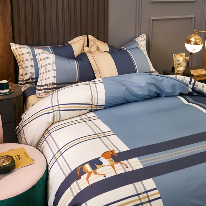 91家纺网 家纺一手货源 找家纺 雲归梦 2021全棉大版四件套休闲格条系列 查尔斯蓝