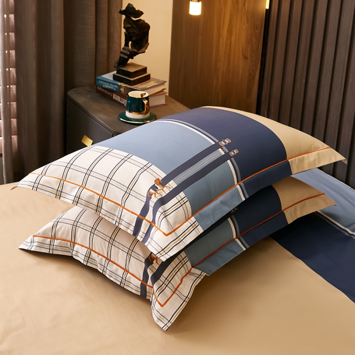 91家纺网 家纺一手货源 找家纺 雲归梦 2021全棉大版四件套休闲格条系列 查尔斯蓝