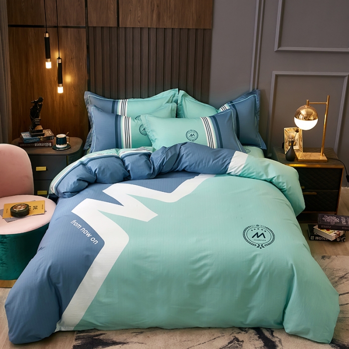 91家纺网 家纺一手货源 找家纺 雲归梦 2021全棉大版四件套休闲格条系列 潮流（兰灰）