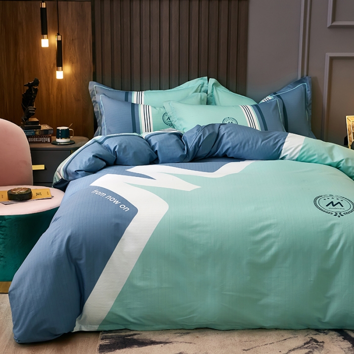 91家纺网 家纺一手货源 找家纺 雲归梦 2021全棉大版四件套休闲格条系列 潮流（兰灰）