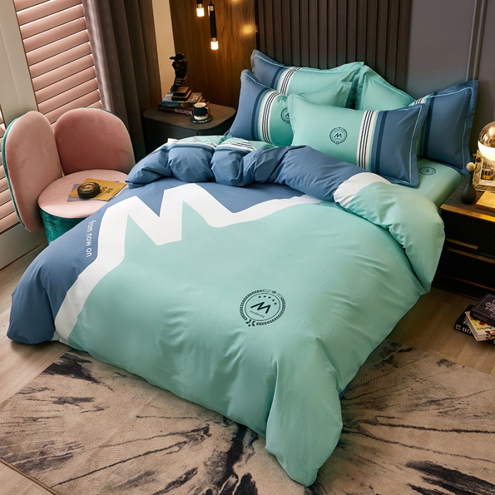 91家纺网 家纺一手货源 找家纺 雲归梦 2021全棉大版四件套休闲格条系列 潮流（兰灰）